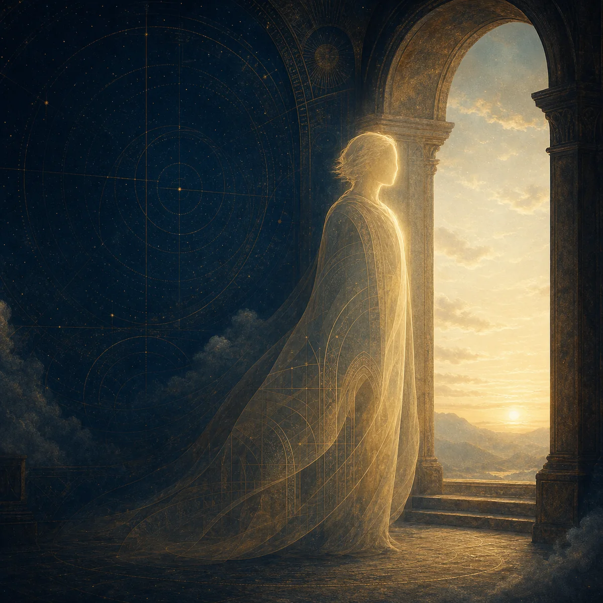 Presencia guardiana luminosa ante un portal abierto al amanecer.