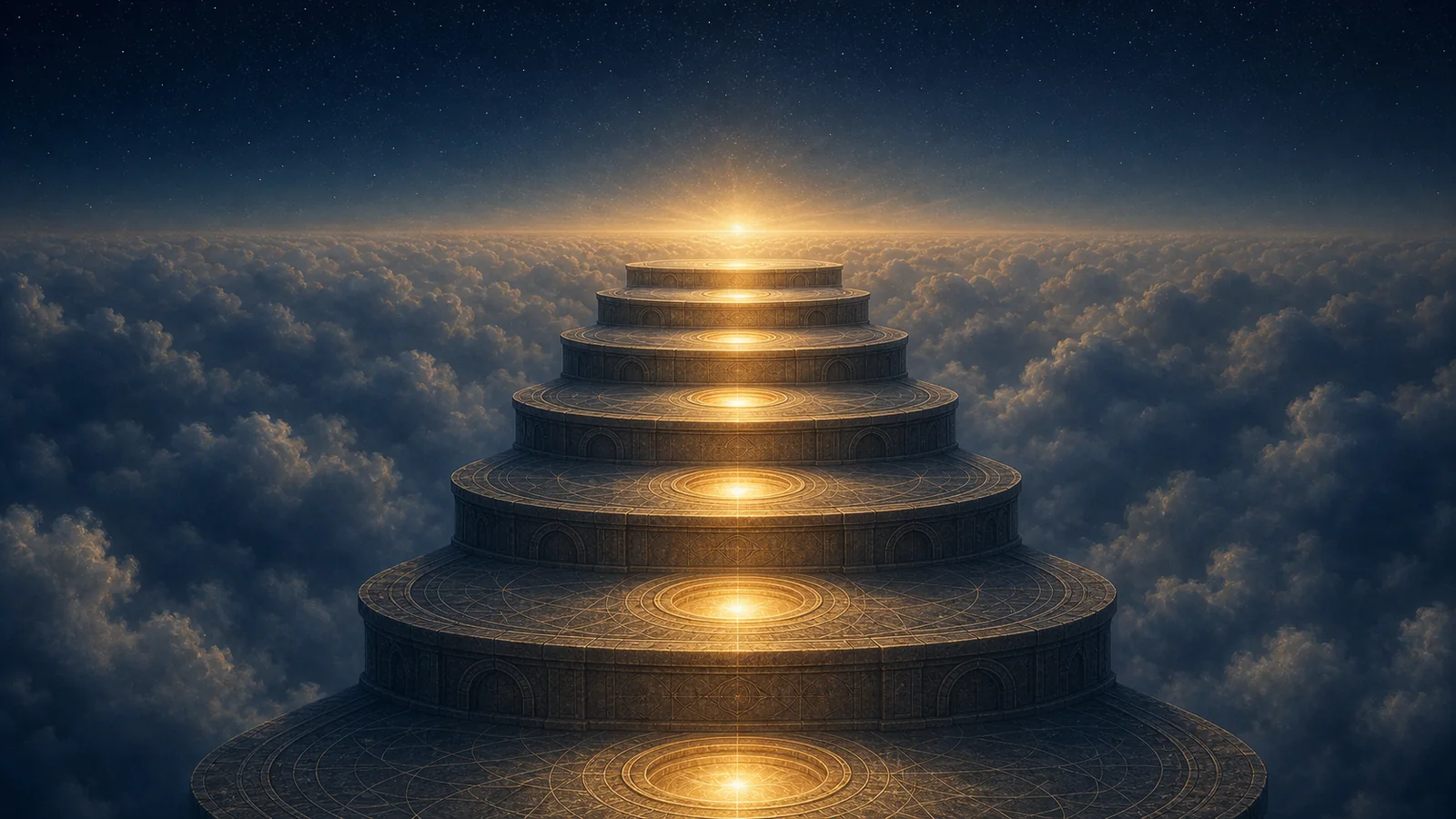 Un camino celestial ascendente dividido en siete etapas iluminadas.